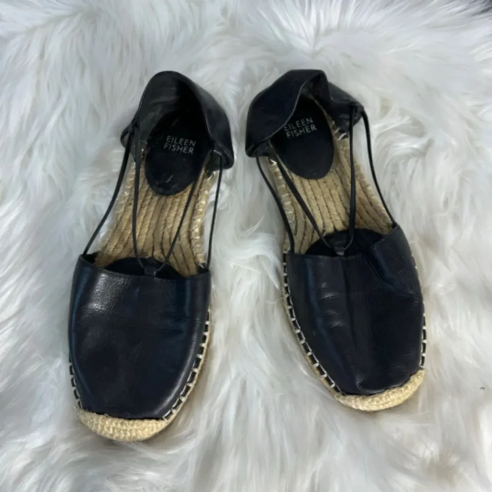 Eileen Fisher Lee‎ Black Leather Espadrille Flats Sz 7.5
